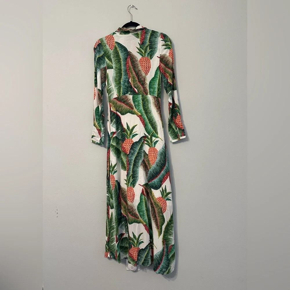 Long Sleeve Maxi Dress with Tropical Pineapple Print - Green/White/Coral - Picture 5 of 8